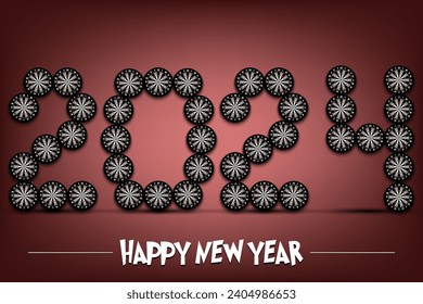 Happy New Year. 2024 numbers made from dartboards. Design pattern for greeting card, banner, poster, flyer, party invitation, calendar. Vector illustration