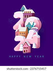 Happy New year 2024. Old winter cityscape with big pink numbers. Christmas greeting card design