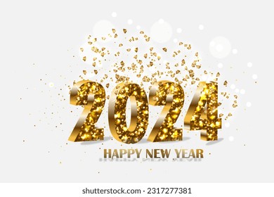 Happy new year 2024 on black background with light. Cover template for calendar, holiday greeting card design. Vector illustration.