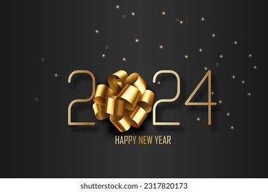 Happy new year 2024 on black background with light. Cover template for calendar, holiday greeting card design. Vector illustration.