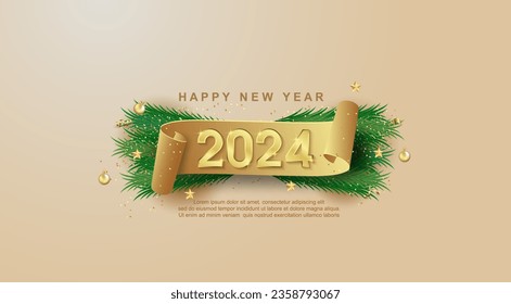 Happy New Year 2024 on ribbons and confetti background.