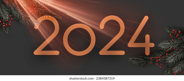 Happy new year 2024 orange glossy lettering on abstract banner with dark realistic fir branches and red berries. Party invitation card. Vector illustration.