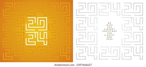 Happy New Year 2024. Orange yellow white silver cyberspace high tech year 2024 typography. Greek mystic ornament abstract pattern on orange white background