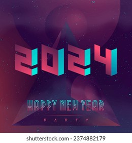 Happy New Year 2024 party. Futuristic design poster with abstract elements in dark space. Mysterious dark illustration for covers, music posters and dj flyers. Figures levitating in outer space. 2024.