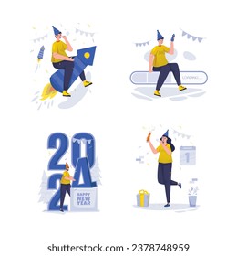 Happy new year 2024 party celebration illustration set