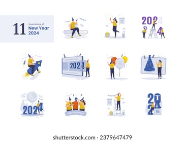 Happy new year 2024 party celebration illustration set