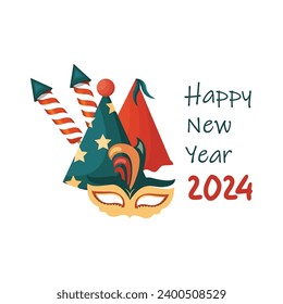 Happy New Year 2024 Party Hat, Mask and Fireworks Vector Art