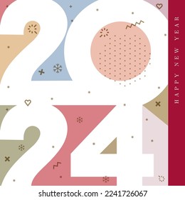 Happy New Year 2024. Pastel 2024 new year square template for calendar, cover, card and media post. 2024 typography logo. Vector Christmas decoration of colored symbols.