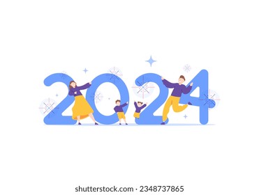 happy new year 2024. people celebrate and enjoy the party or fireworks festival. have fun with friends and family. people are happy to welcome the new year. cartoon illustration concept design. vector