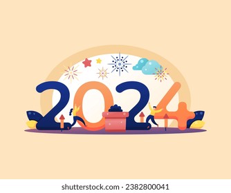 Happy New Year 2024. People are having fun and celebrating the new year 2024. New Year's Eve party or fireworks. events, festivals, or celebrations. illustration concept design. vector elements. 