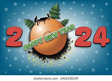 Happy new year. 2024 with ping-pong ball, Christmas trees, table tennis player and fans. Original template design for greeting card, banner, poster. Vector illustration on isolated background