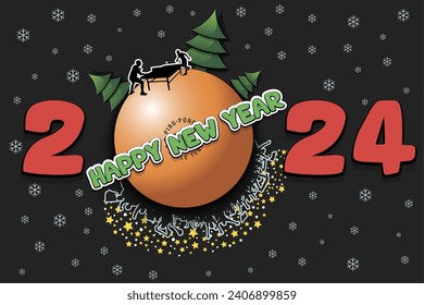 Happy new year. 2024 with ping-pong ball, Christmas trees, table tennis player and fans. Original template design for greeting card, banner, poster. Vector illustration on isolated background