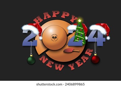 Happy new year. 2024 with ping-pong ball. Numbers in Christmas hats with Christmas tree balls. Original template design for greeting card. Vector illustration on isolated background