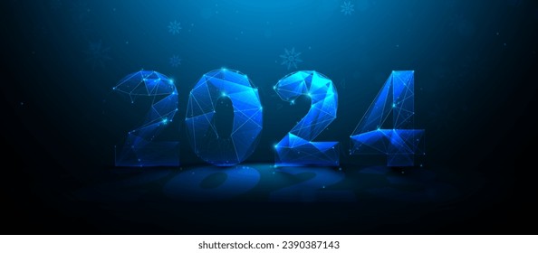 Happy New Year 2024. Polygonal wireframe mesh lines and triangles, point connecting network on blue background. Illustration vector