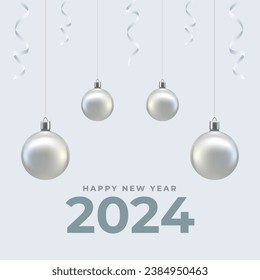 Happy New Year 2024 Post. Luxury Elegant and Minimal New Year Text Banner with Silver Ornament and Ribbon