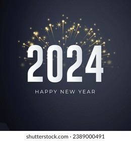 Feliz Año Nuevo 2024 Post y tarjeta de felicitación. Banner de lujo y elegante con fuegos artificiales y fondo de texto