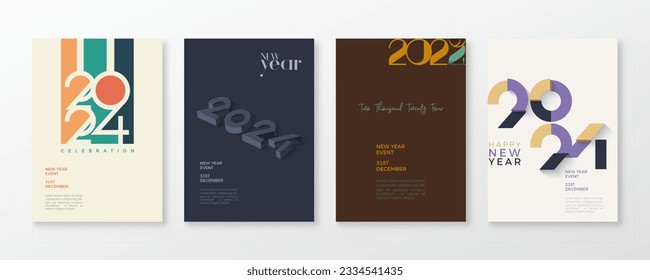 Happy new year 2024 poster design with a choice of several classic colors. Premium number vector design for happy new year 2024 celebration.