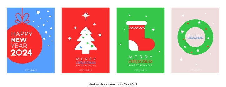 Happy New Year 2024 poster design. Colorful and minimalistic Christmas object. Cover design of 2024 holidays. Xmas minimalistic banner design. Vector illustration