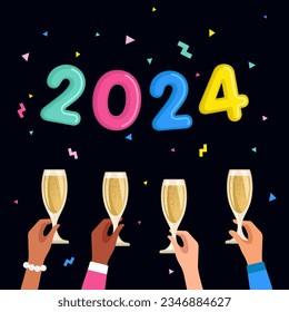 Happy New Year 2024 poster. Hand holding glasses of champagne. New Year celebration party banner.
