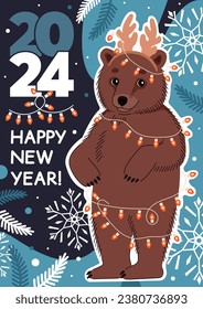 Happy New Year 2024 poster with a cute bear and winter elements. Vector flat illustration in trendy colors.