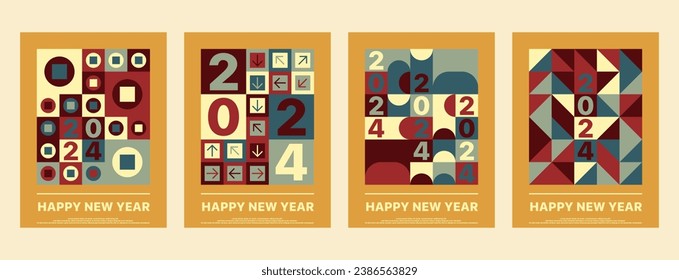 Happy New Year 2024 poster set. geometric bauhaus Vector illustration for poster art design, graphic and web design, social media banner, marketing, artwork, background, wallpaper, and others.
