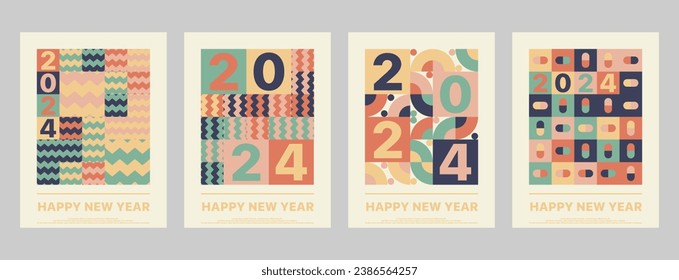 Happy New Year 2024 poster set. geometric bauhaus Vector illustration for poster art design, graphic and web design, social media banner, marketing, artwork, background, wallpaper, and others.