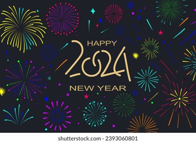 Happy New Year 2024, poster, banner, card design template with colorful firework and calligraphy hand written text on black background. Vector illustration.