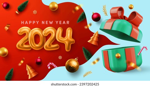 Happy New Year 2024 Poster or banner,Golden Number Realistic with Open gift boxes and christmas element for Retail,Shopping or Christmas Promotion.Vector illustration eps 10