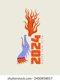 Happy New Year 2024 Poster, Greeting Card with Dragon. Chinese  symbol of year. Modern Colorful style