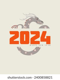 Happy New Year 2024 Poster, Greeting Card with Dragon. Chinese  symbol of year. Modern Colorful style