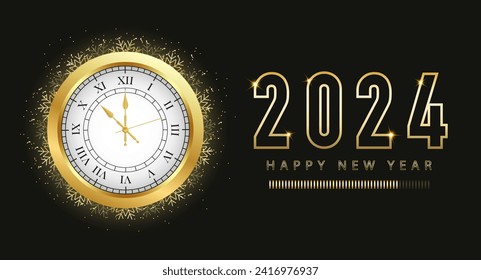 Happy New Year 2024 Poster. Golden Typography Line with Elegant Classic Watch and  golden confetti. Party countdown watch face. Christmas typography template for poster. Vector illustration