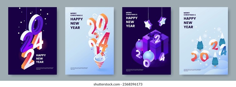 Feliz Colección de afiches de Año Nuevo 2024 en estilo isométrico. Plantilla de tarjeta de felicitación con gráficos isométricos y tipografía. Concepto creativo para banner, volante, portada, medios sociales. Ilustración vectorial.