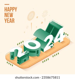 Happy new year 2024. Premium vector design for poster, banner, greeting, cover and new year 2024 celebration. 3D isometric look