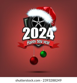 Happy new year 2024. Racing logo template design. Car wheel in santa hat. Design pattern for greeting card, banner, poster. Vector illustration on isolated background