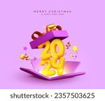 Happy New Year 2024. Realistic 3d open gifts box yellow number sign 2024. Merry Christmas Background. Xmas sale present. Holiday decorative purple boxes, Holiday gift surprise. Vector illustration