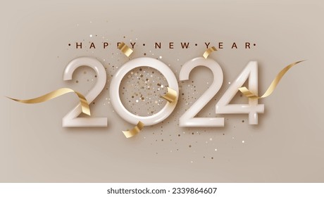 Happy New Year 2024. Realistic 3d number with falling confetti on bright background