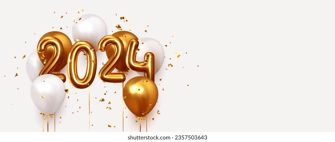 Happy New Year 2024. Realistic gold and white balloons. Background design metallic numbers symbols 2024 and helium ballon on ribbon, glitter golden bright confetti. Vector illustration