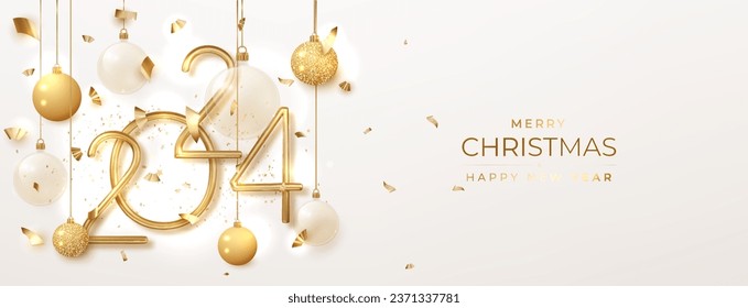 Happy new year 2024 realistic golden numbers with Christmas decoration and confetti. Holiday greeting card design.