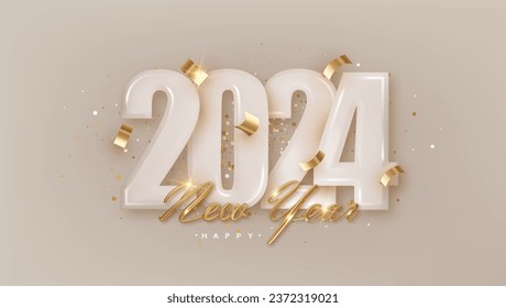 Happy New Year 2024. Realistic gold lettering New Year on Pastel number 2024