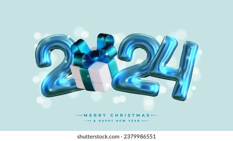 Happy New Year 2024! Realistic 3D rendering of the figures, complemented by shiny blue gift box ribbons and Christmas decorations. This is the perfect celebratory sign for your 2024 celebrations.
