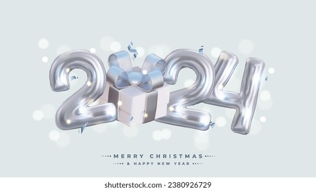 Happy New Year 2024! Realistic 3D rendering of the figures, complemented by silver gift box ribbons and Christmas decorations. This is the perfect celebratory sign for your 2024 celebrations.