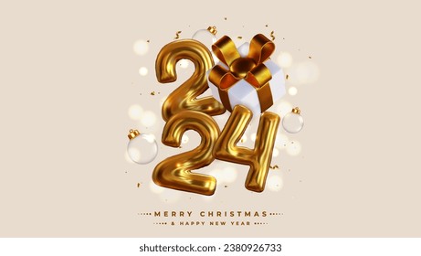Happy New Year 2024! Realistic 3D rendering of the figures, complemented by gold gift box ribbons and Christmas decorations. This is the perfect celebratory sign for your 2024 celebrations.