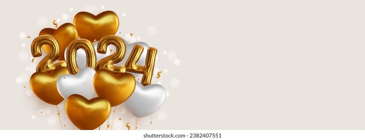 Happy New Year 2024 with realistic gold and white balloons. This backdrop includes the 2024 number symbol in a metallic look and hanging helium balloons, as well as sparkling gold confetti. Vector.