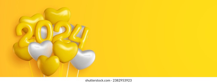 Happy New Year 2024 with realistic yellow and white balloons. This backdrop includes the 2024 number symbol in a shiny yellow look and hanging helium balloons, as well as sparkling gold confetti. 