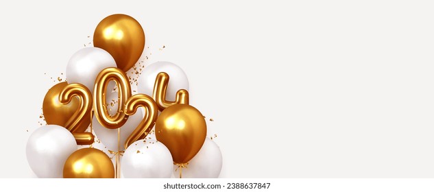 Happy New Year 2024. Realistic gold and white balloons. Background design metallic numbers symbols 2024 and helium ballon on ribbon, glitter golden bright confetti. Vector illustration