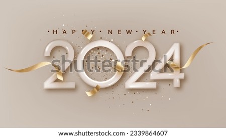 Happy New Year 2024. Realistic 3d number with falling confetti on bright background