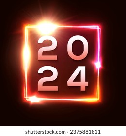 Happy New Year 2024 red neon square light signboard. Holiday greeting card design. Electric celebration rectangle frame with star sparkle. Festive New Year 2024 night club sign vector illustration.