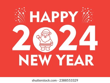 Happy new year 2024 red design white typography Santa Claus icon. Premium vector design for poster, banner, greeting and new year 2024 celebration. star effect Design to celebrate new year. EPS File.