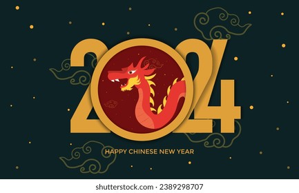 Happy New Year 2024 With Red Dragon And Green Background