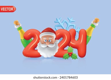 Happy New Year 2024. Red Realistic number. Realistic 3d render sign. festive realistic decoration. Celebrate party 2024, Web Poster, banner, cover card, brochure, flyer, layout design.